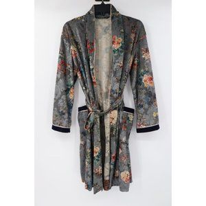 Zara women's Small kimono robe velvet detail open front belted floral pockets